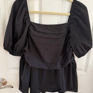 SHEIN Black Square-Neck Puff Sleeve Blouse